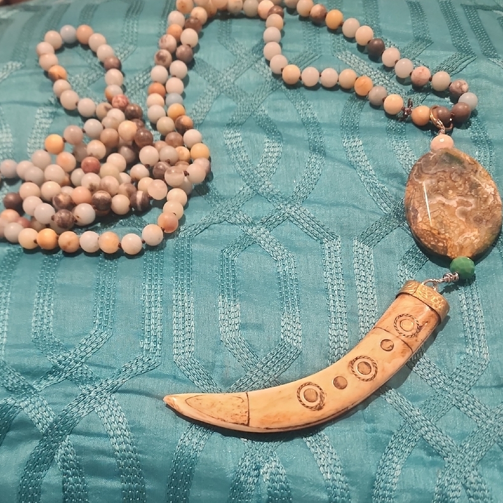 Bohemian Beaded Necklace with Carved Pendant